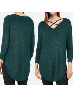 EXPRESS Strappy Circle Hem Tunic Sweater Solid Teal Green Blue 3/4 Sleeve Winter